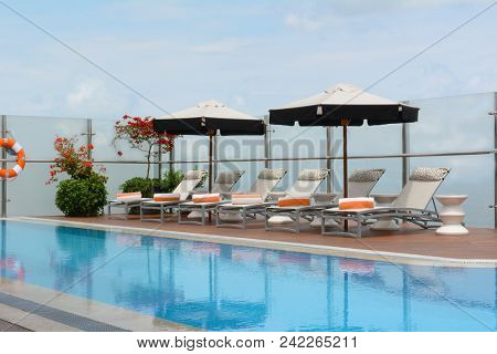 LIMA, PERU - OCTOBER 18, 2015: Heated rooftop pool at the Miraflores Park Hotel. The luxury Hotel overlooks the Pacific with views of the city.