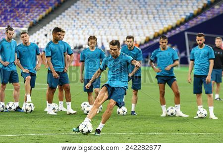 Kyiv, Ukraine - May 25, 2018: Cristiano Ronaldo Of Real Madrid In Action During Training Session Bef
