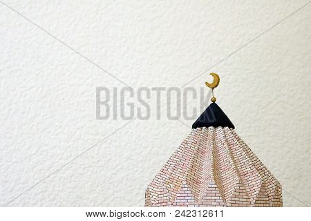 A Crescent Of Gold Color Is Handmade On A Brick Minaret With A Black Top. Symbol Of Islamic Culture 