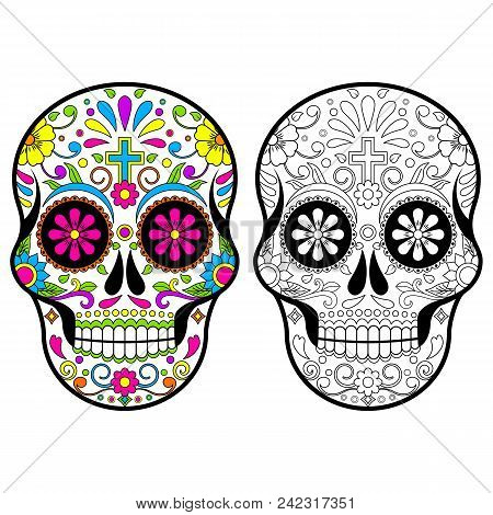 Mexican Sugar Skulls, Day Of The Dead Vector Illustration On White Background