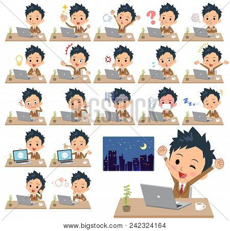 Set Of Various Poses Of School Boy Brown Blazer_desk Work