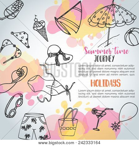 Summer Hand Drawn Background. Beach Doodle Elements. Vacation And Trevel To The Sea Sketch Vector Il