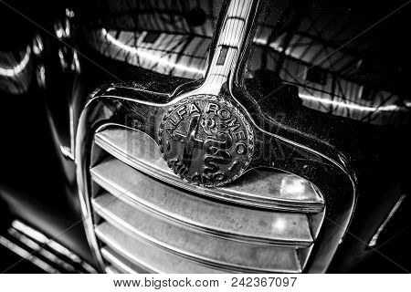 Berlin - May 06, 2018: Emblem Of Luxury Car Alfa Romeo 6c 2500, Close-up. Black And White. Exhibitio