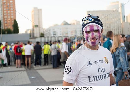 Kiev, Ukraine - May 26, 2018: Uefa Fan Of Fc Real Madrid And Liverpool Football Team Before Final Ue