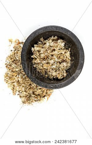 Dried Mullein Leaf Tea In A Bowl Isolated On A White Background