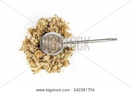 Dried Mullein Leaf Tea In An Infuser Isolated On A White Background