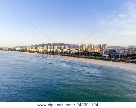 Aerial Landscape Photo Of Barra Da Tijuca Beach , With Waves Crashing On Beach During Sunrise, With 