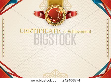 Official Retro Certificate With Red Gold Design Elements. Red Ribbon And Red Emblem. Vintage Modern 