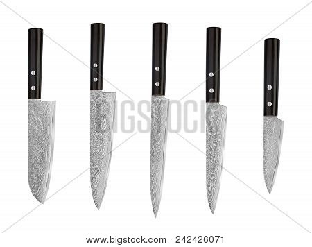 Set Of Japanese Steel Kitchen Knives Damascus, Isolated On White Background With Clipping Path. Chef