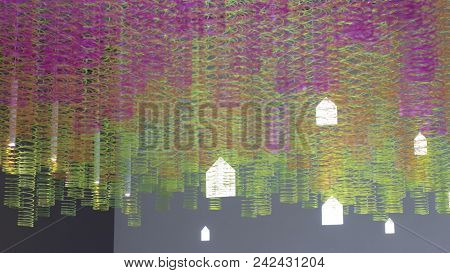 Abstract Ceiling Lamps. With Hanging Multicolored Springs Close Up