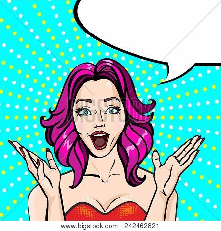 Pop Art Vector Illustration. Beautiful Girl Emotions, Surprise, Cloud