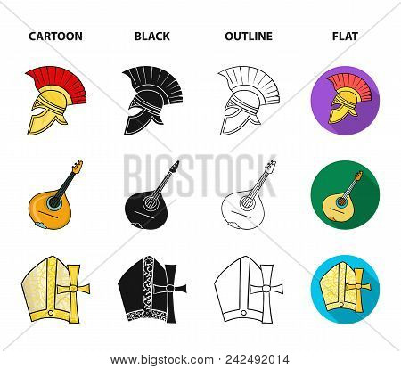 Mandolin, Papa, Olive, Retro Auto.italy Country Set Collection Icons In Cartoon, Black, Outline, Fla
