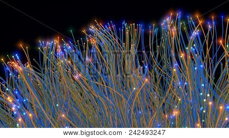 Glowing Fiber Optic Cables In Dark. 3d Illustration. Suitable For Internet, Technology And Futuristi