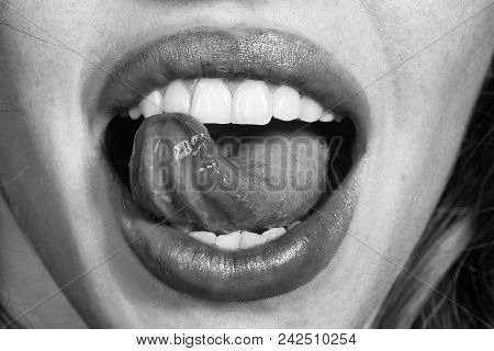 Woman Face Beauty. Closeup View Of Female Smiling Happy Opne Mouth With Soft Pink Natural Lips And W