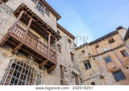 CUENCA, SPAIN, December 11, 2016 - Casa Colgadas in Cuenca, Spain is built on the edge of a cliff