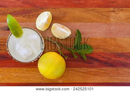 Key Lime Margarita Garnished With Fresh Lime In A Glass. Close Up. Stock Photo