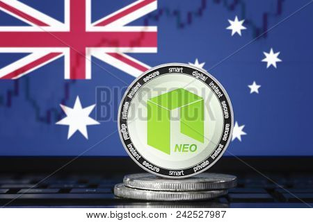 Neo Cryptocurrency; Neo Coin On The Background Of The Flag Of Australia (commonwealth Of Australia)