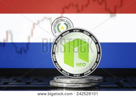 Neo Cryptocurrency; Neo Coin On The Background Of The Flag Of Paraguay