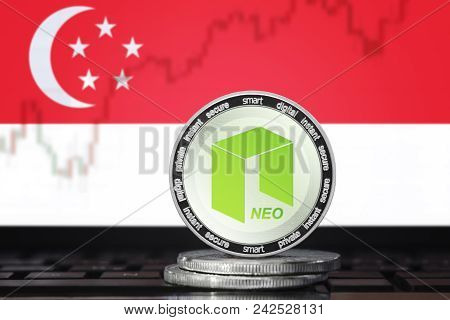 Neo Cryptocurrency; Neo Coin On The Background Of The Flag Of Singapore