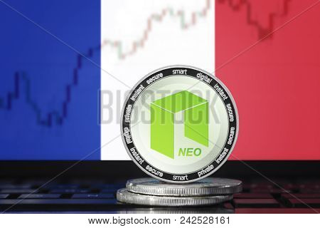Neo Cryptocurrency; Neo Coin On The Background Of The Flag Of France (french Republic)