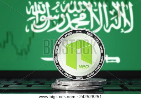 Neo Cryptocurrency; Neo Coin On The Background Of The Flag Of Saudi Arabia (ksa)