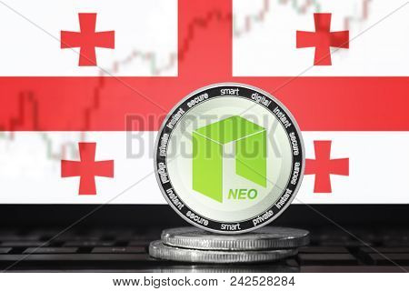 Neo Cryptocurrency; Neo Coin On The Background Of The Flag Of Georgia