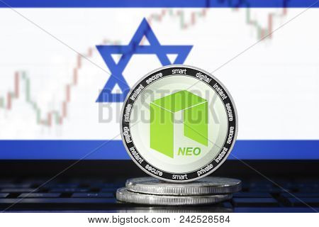 Neo Cryptocurrency; Neo Coin On The Background Of The Flag Of Israel