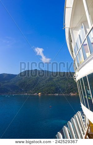 The Arial View From Desck Of Abstract Cruise Ship At Labadee - Caribbean Island Of Haiti At Sunny Mo