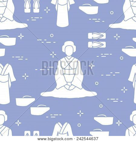 Seamless Pattern With Asian Woman, Traditional Japanese Clothing, Shoes. Travel And Leisure.