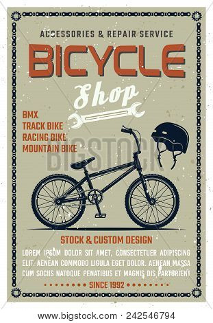 Bicycle Shop Vector Poster In Retro Style With Grunge Textures On Separate Layer. Bike Repair Servic