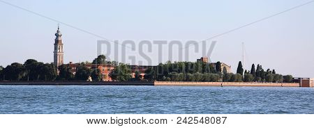Ancient Bell Tower In The San Lazzaro Degli Armeni Island Near Venice In The Adriatic Sea