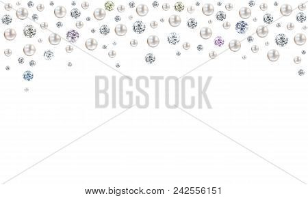 Wedding Pearl Illustration Background With Many Small And Big White Shiny Nacreous Pearls And Diamon