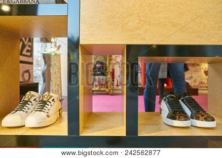 MILAN, ITALY - CIRCA NOVEMBER, 2017: shoes on display at Dolce & Gabbana store in Milan. Dolce & Gabbana is an Italian luxury fashion house.