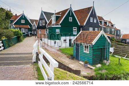 Traditional Dutch Small Wooden Houses In Marken, The Netherlands
