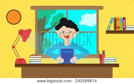 Happy Child Behind Books, Preparing For School, Doing Homework