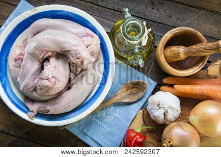 Raw Pork Tongues And Ingredients To Cook