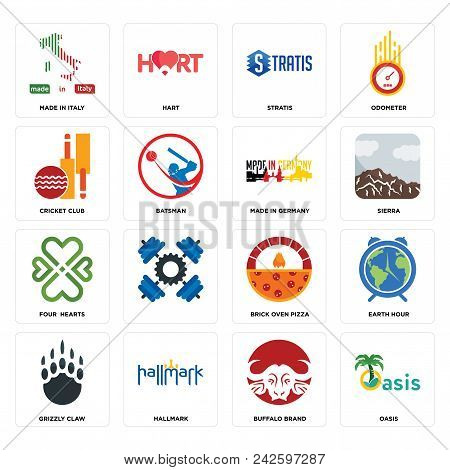 Set Of 16 Simple Editable Icons Such As Oasis, Buffalo Brand, Hallmark, Grizzly Claw, Earth Hour, Ma