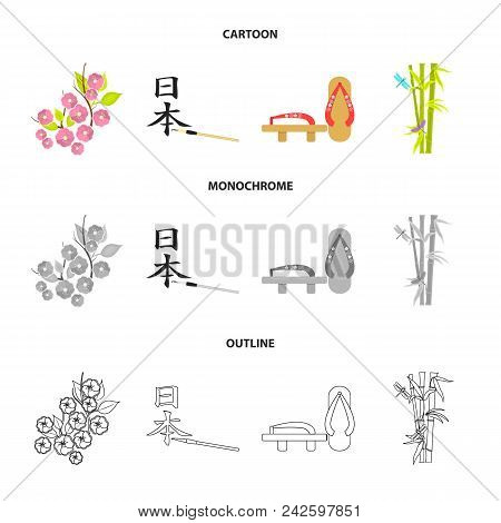 Geta, Sakura Flowers, Bamboo, Hieroglyph.japan Set Collection Icons In Cartoon, Outline, Monochrome 