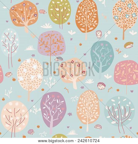 Seamless Background With Stylized Trees. Forest Bright Pattern.