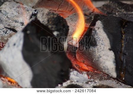 Flames and embers with some black coal of a barbecue. The coal is black, embers are grey, flames are