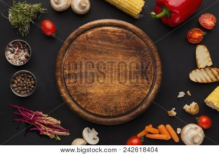 Mockup For Recipe Or Masterclass Advertising. Empty Wooden Cutting Board And Cooking Ingredients On 