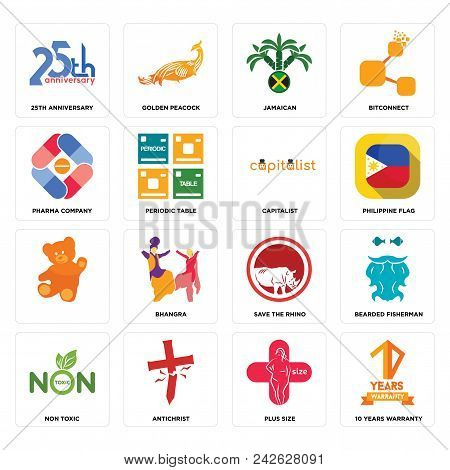 Set Of 16 Simple Editable Icons Such As 10 Years Warranty, Plus Size, Antichrist, Non Toxic, Bearded