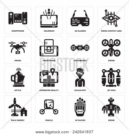 Set Of 16 Simple Editable Icons Such As Drone, Wi Gloves, Vehicle, Eolic Energy, Jet Pack, Smartphon