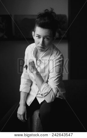 Closeup Black And White Portrait Of Beautiful Sexy Edgy Young Caucasian Woman. European Female With 