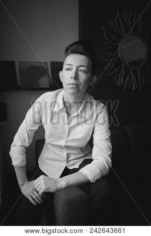 Closeup Black And White Portrait Of Beautiful Sexy Edgy Young Caucasian Woman. European Female With 