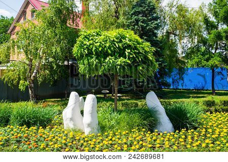 Rostov On Don, Russia, May 25, 2018: Sculpture Hand Of Life On Stachki Avenue In Rostov On Don.