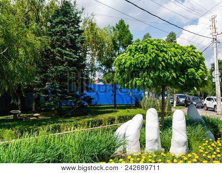 Rostov On Don, Russia, May 25, 2018: Sculpture Hand Of Life On Stachki Avenue In Rostov On Don.