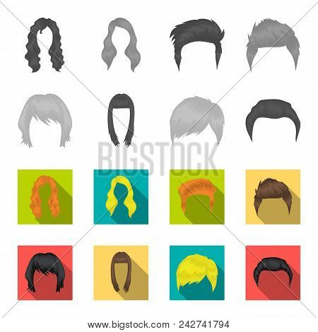 Mustache And Beard, Hairstyles Monochrome, Flat Icons In Set Collection For Design. Stylish Haircut 