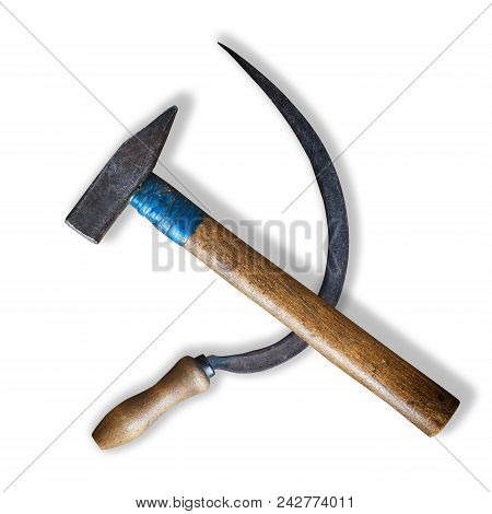 Real Sickle And Hammer Lying As The Soviet Communist Symbol Isolated On White Background With Shadow