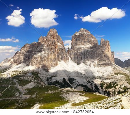 Drei Zinnen Or Tre Cime Di Lavaredo With Beautiful Sky, Sextener Dolomiten Or Dolomiti Di Sesto, Sou